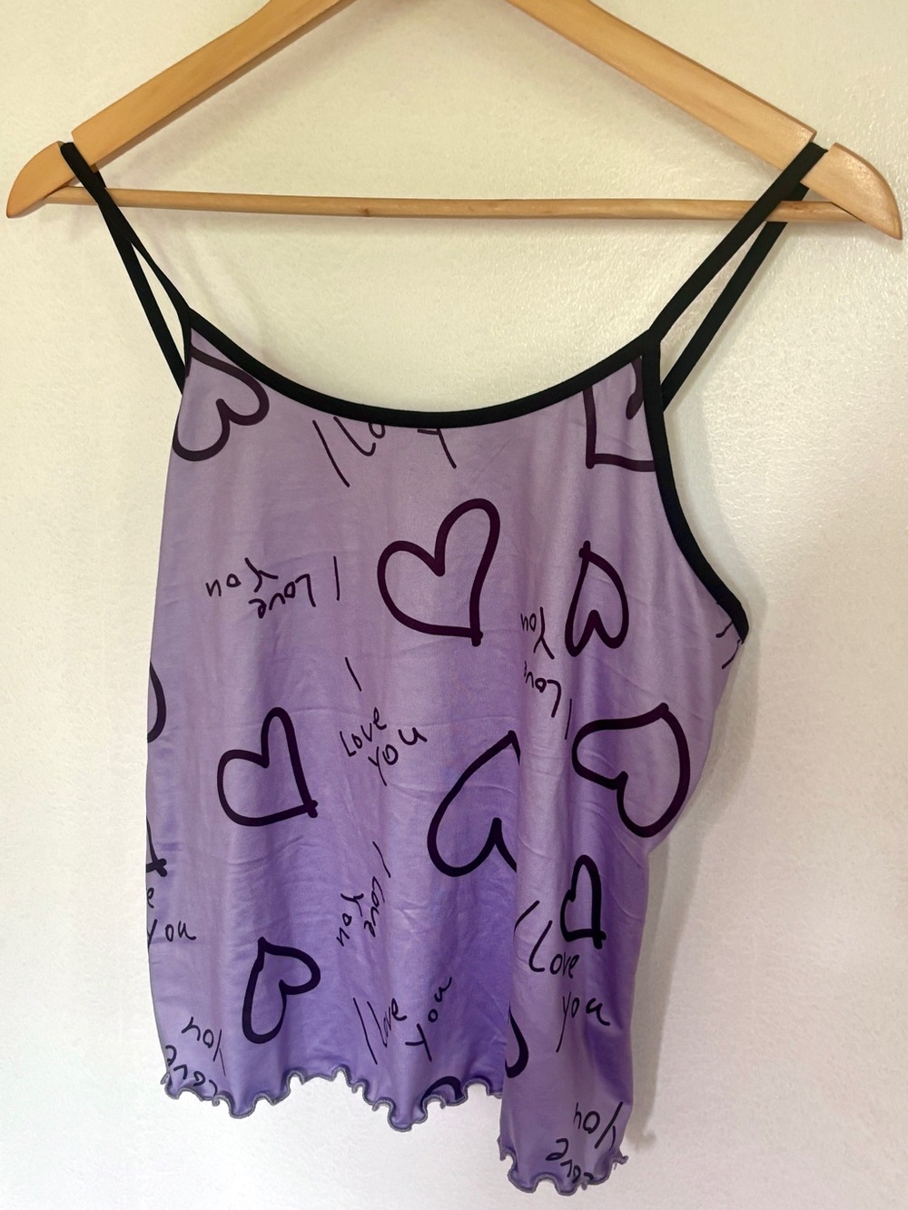 Purple Heart Print Y2K Cami Tank with Black Trim